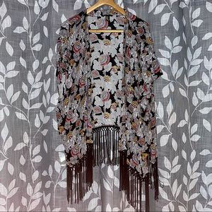 Forever 21 Black Floral Tasseled Beach Coverup